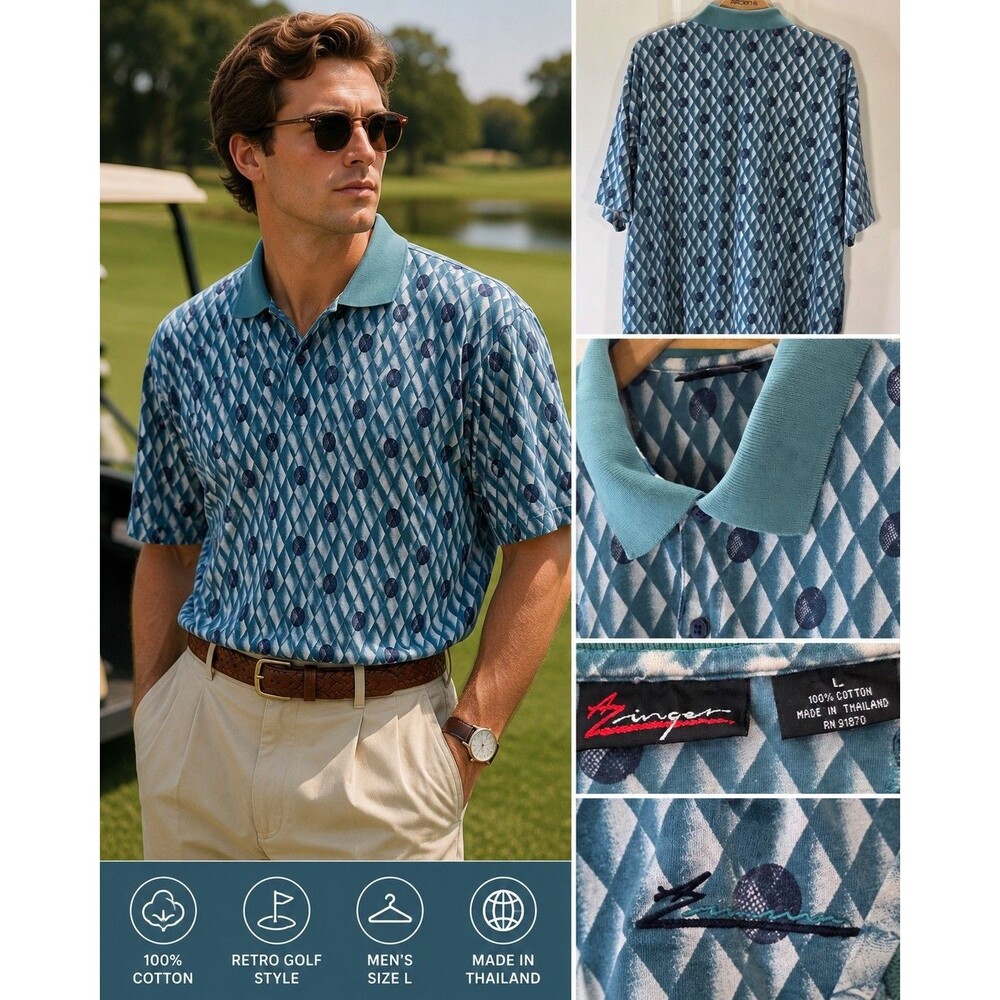 Vintage Avinger Golf Polo Mens L Blue Geometric Argyle Dot Print 90s Cotton...